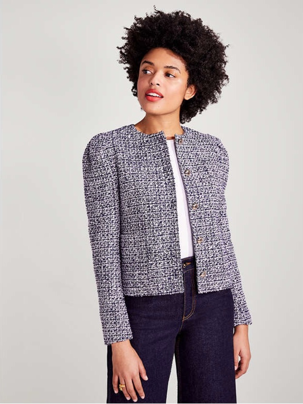kate spade Navy and White Tweed Collarless Blazer